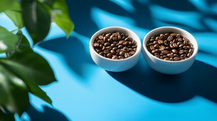 Coffee beans in two white bowls surrounded by leaves on a blue background showcasing natural light and shadows. Two white bowls filled with roasted coffee beans sit on a vibrant blue background