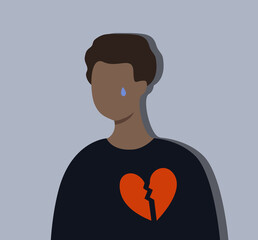 Sad crying man with broken heart portrait. Depression, failure, mental health, loneliness concept. Flat faceless cartoon character vector design isolated illustration.