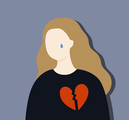 Sad crying woman with broken heart portrait. Depression, failure, mental health, loneliness concept. Flat faceless cartoon character vector design isolated illustration.