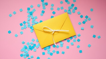 A yellow envelope with a white ribbon on a pink background with blue confetti scattered around it.