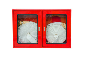 A fire extinguisher is hanging on the wall, ready to combat flames on a white background