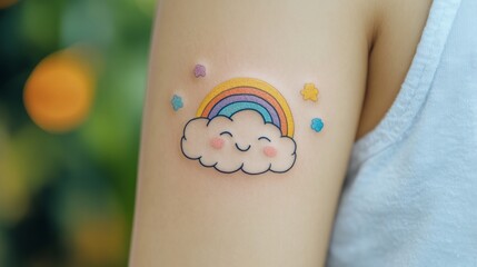 Playful cloud tattoo with vibrant rainbows, symbolizing joy and positivity, featuring whimsical design elements that evoke a cheerful and uplifting atmosphere