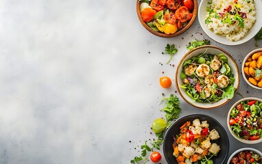A clean and modern catering service with vibrant meals and ample space for promotional text beside the image.