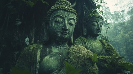 Fototapeta premium Ancient Buddhist Statues Shrouded in Moss - Serene moss-covered Buddha statues, embodying peace, spirituality, nature, time, and enlightenment.