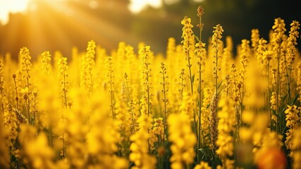 A field of vibrant yellow wildflowers bathed in the warm glow of the setting sun, creating a stunning spectacle of nature's beauty
