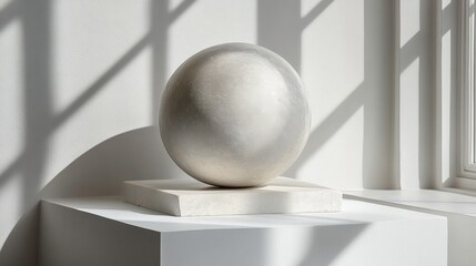 Elegant Minimalist Sculpture of a Polished Sphere on a Simple Base Captured in Natural Light, Perfect for Modern Artistic Interiors and Decor Inspiration