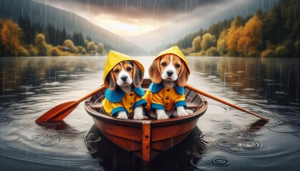 Obraz premium Adorable Beagle Puppies in Raincoats on a Rainy Lake Adventure