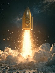 Naklejka premium Bitcoin Rocket Launching to the Moon: Cryptocurrency Investment - Bitcoin rocket blasting off, symbolizing growth, investment, future, success, and cryptocurrency.