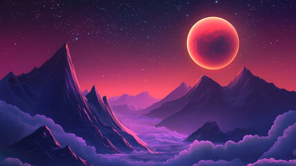 Fototapeta premium Surreal alien landscape with rugged mountains and an eerie red planet. atmospheric night scene in outer space. Eclipse. Illustration
