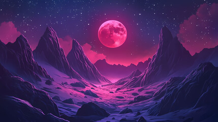 Obraz premium Surreal alien landscape with rugged mountains and an eerie red planet. atmospheric night scene in outer space. Eclipse. Illustration