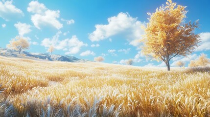 Meadow filled with golden wheat swaying under the warm rays of the afternoon sun