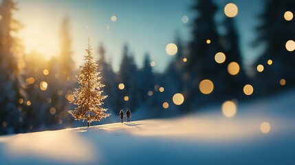 Naklejka premium A tiny Christmas tree on a snowy field surrounded by two people