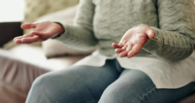 Therapy, hands and patient with trauma, office and counselling for mental health, talking or service. Consultation, explaining and psychologist with client, help and people in clinic, story or advice