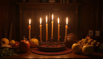 Rustic Kwanzaa kinara with tall candles and a bountiful arrangement of fruits, creating a warm and inviting festive atmosphere