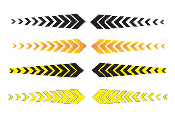 Police warning tape with yellow and black stripes line arrow. Attention safety stripe warning signal. Police line do not cross, on go this line, danger road. Vector illustration
