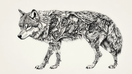 Intricate Wolf Tattoo Design, showcasing a majestic wolf adorned with elaborate geometric patterns, embodying strength and artistry in a captivating display of inked creativity