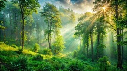 Fototapeta premium Misty Green Forest Panoramic Wallpaper, Scenic Nature Background, Lush Greenery, Foggy Woodland, Empty Space, Calm Forest Scene, Panoramic View, Nature Photography