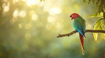   A bird in a clear forest with vibrant feathers sitting on a leafy branch