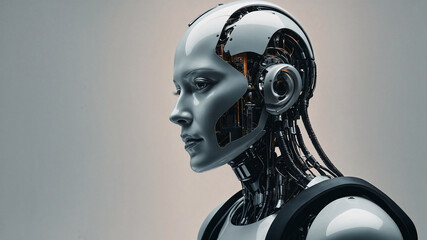 Roboter-Frau vor hellem Hintergrund. K&uuml;hle emotionslose starre Mimik. Illustration