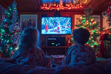 Obraz premium Cozy Christmas Eve Movie Night - Two children in pajamas watch a Christmas movie on TV, surrounded by Christmas trees and festive lights. Family, holiday, togetherness, joy, warmth.