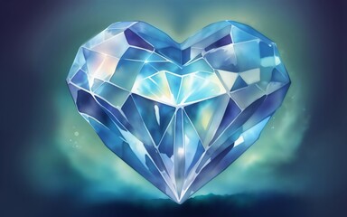 Artistic representation of a blue crystal heart with a shimmering effect against a dark background