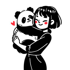 woman hugging a panda cute illustration