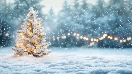 Snowy landscape with twinkling Christmas trees

