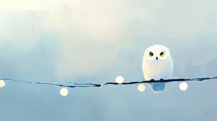   A stunning image of an enigmatic white owl perched on a thin wire against a vast blue canvas, with brilliant white light emanating from the foreground