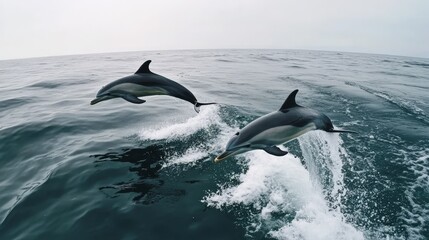 Obraz premium Dynamic Dolphin Duo Leaping Through Waves - Two dolphins playfully leap, showcasing ocean energy, freedom, wildlife, and marine life. A dynamic duo in the wild.