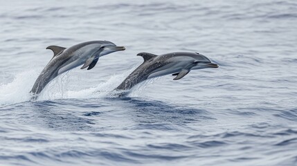 Fototapeta premium Dynamic Dolphin Duo Leaping Through Ocean Waves - Two dolphins joyfully leap, showcasing marine wildlife, ocean energy, freedom, nature's beauty, and aquatic grace.