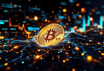 Bitcoin cryptocurrency coin floating over futuristic glowing data flow