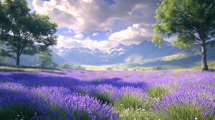 Fototapeta premium A peaceful meadow filled with blooming lavender under the warm afternoon sun