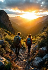 Fototapeta premium Hikers walking on mountain trail at sunset enjoying scenic valley view