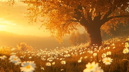 Vast meadow filled with daisies and golden sunlight creating a cheerful scene © Klong