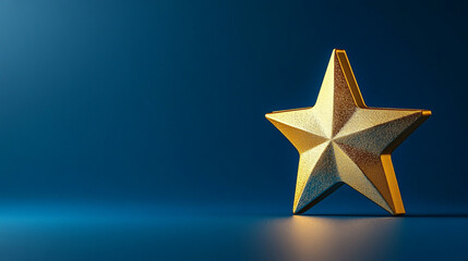Obraz premium Shiny golden star on a blue background with soft lighting in a minimalist design