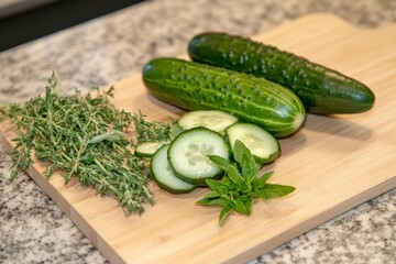 Fresh Cucumbers, Thyme, and Basil on Wooden Board - Healthy ingredients, cucumbers sliced, fresh herbs,  wooden cutting board, summer food, cooking prep.