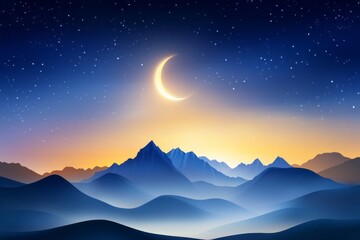 Fototapeta premium Crescent moon shining over mountain range at twilight under starry sky