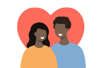 Happy man and woman lover. Smiling couple. Relationship, dating, romance concepts. Flat people character vector design illustration isolated on white background with red heart.