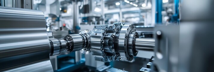 Naklejka premium Industrial Engineer Inspecting Precision Machinery - Engineer in safety gear analyzes industrial machinery, showcasing precision engineering, manufacturing process, and technological advancement.