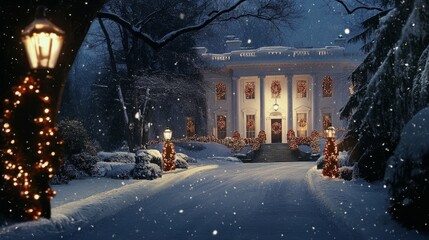 Obraz premium A Snowy Holiday christmas Scene with the White House