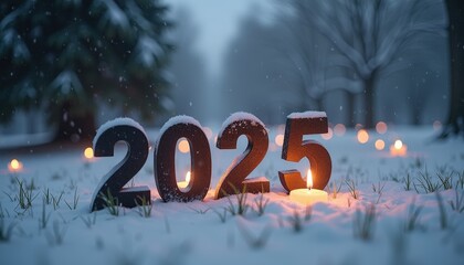 A quiet snow-dusted cemetery with glowing candles spelling '2025' in remembrance and renewal amidst the stillness