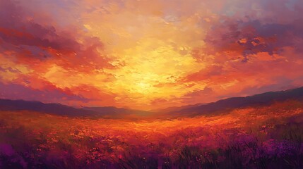 Sunset over a vast meadow with the sky painted in shades of orange and purple