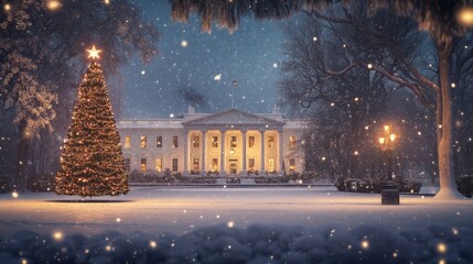 Fototapeta premium A Snowy Holiday christmas Scene with the White House