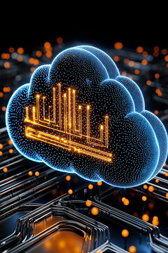 A glowing cloud icon with data bars symbolizes cloud computing and data analytics, set against a futuristic digital background.