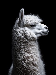 Obraz premium Majestic Alpaca Portrait Against Black Background - Elegant alpaca profile, serene, fluffy, white, dark background. Symbolizes grace, peace, nature, luxury, and gentleness.