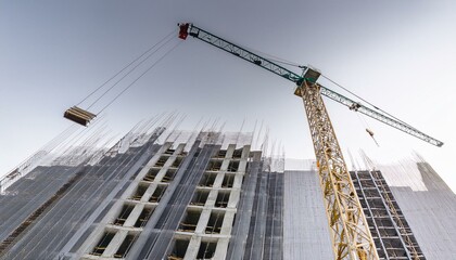 고층 건물 공사 현장에서 타워크레인이 자재를 올리고 있는 장면