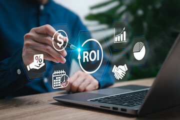 ROI Return On Investment concept, Business Women analyse financial growth, invest money, calculate...