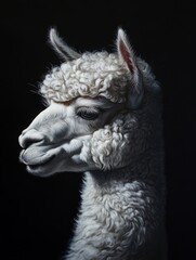 Obraz premium Majestic Alpaca Portrait - Elegant alpaca, serene expression, fluffy fur, dark background, animal portrait.
