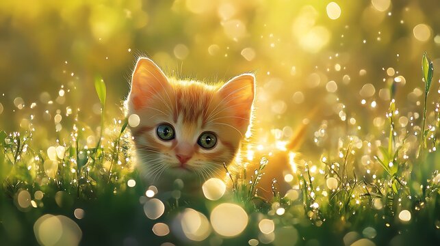 Sunlit meadow with dewdrops on the grass sparkling under the morning light