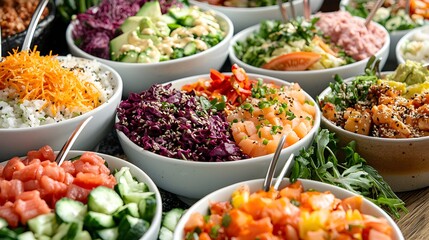 A colorful buffet display featuring vibrant poke bowls and protein-packed salads.